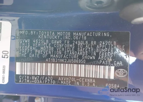 2018 Toyota Camry Le из США, поврежденный, VIN 4T1B31HK2JU506950